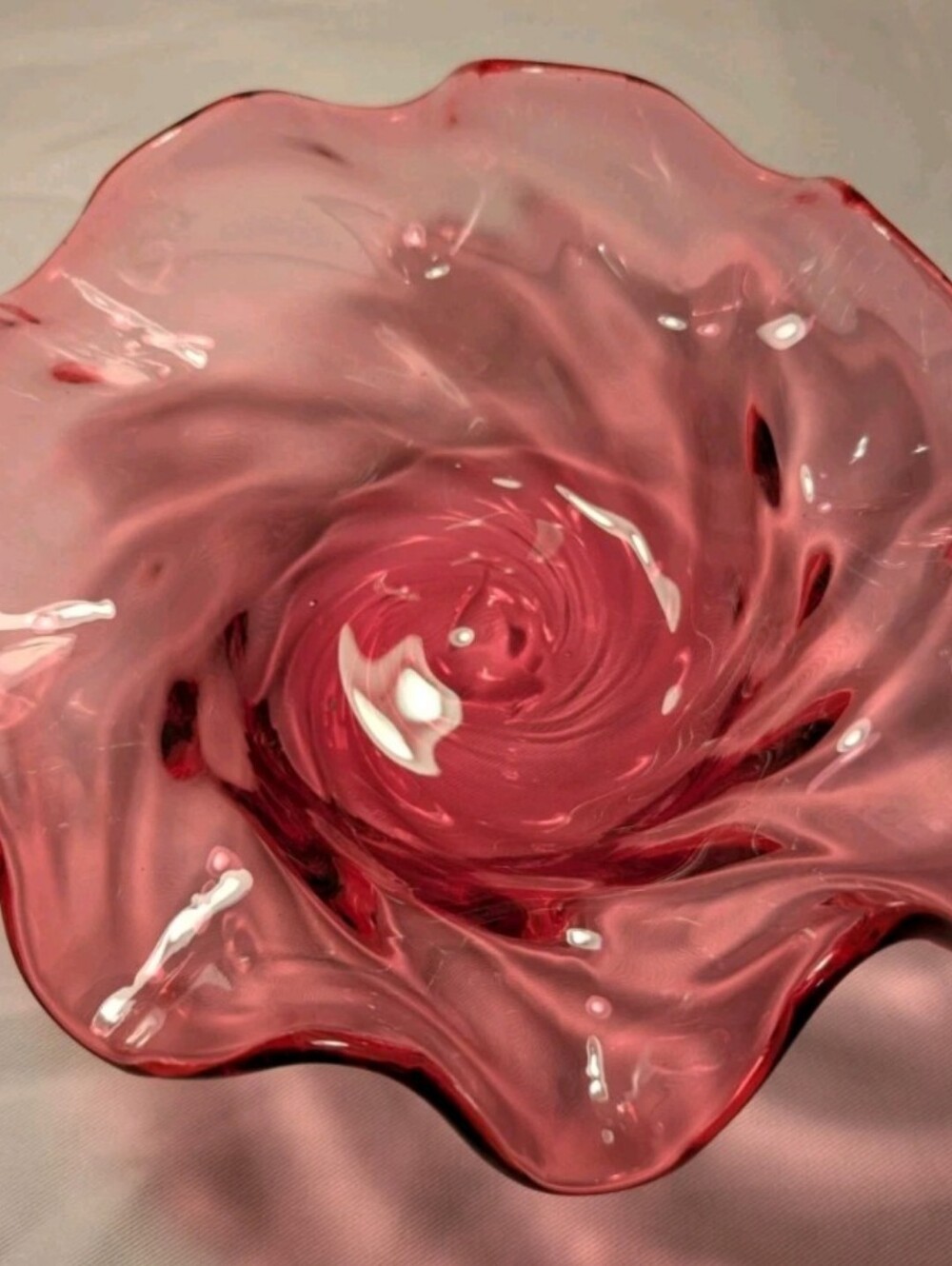Cranberry Vintage Hand Blown Glass Ruffled Bowl Centerpiece